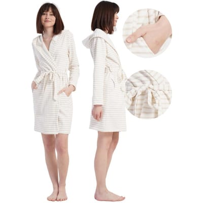 Robe de chambre pour femme Vienetta en coton à nouer avec capuche Chaude Agréable L beige