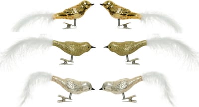 Decoris Decoratie vogels - 6x st - op clip - goud - 8 cm - glas - kerstornamenten - Decoratievogeltjes - bruiloft versiering
