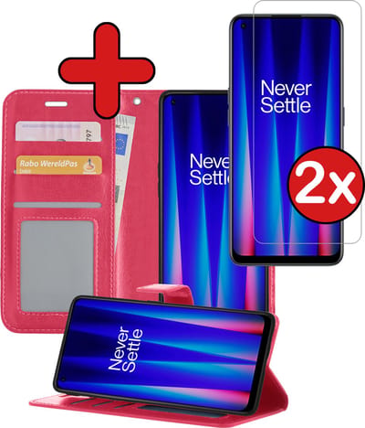 Hoesje - Met 2x Screenprotector - Geschikt voor OnePlus Nord CE 2 - Luxe Pasjeshouder - Flip Case - Bookcase Portemonee - Kunstleer Book Case - Flipcase Hoes - Book Cover - Walletcase - Portemonneehoes - Telefoonhoes - Donkerroze