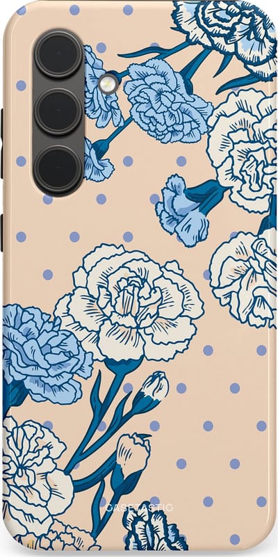 Casetastic hoesje geschikt voor Samsung Galaxy S24 - Dubbellaagse bescherming - Anjer elegantie - Fashion Case - Zand Zilver Lichtblauw