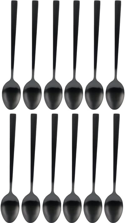 Excellent Houseware Dessertlepels - Lange Koffielepels - 12x - zwart - RVS - 18 cm - latte macchiato / snoirbet lepels
