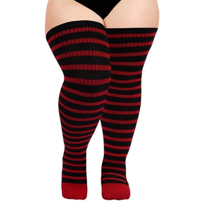 Dames gebreide katoenen plus size Halloween Kerstmis Rood en Groen gestreepte dikke kniehoge sokken Acryl garen Lange sokken No THIGH BELT black