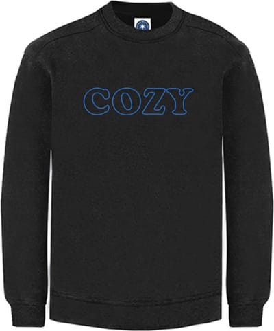 Huissweater - Huistrui - Sweater - Zwart - NEON BLAUW tekst COZY - ruimzittend - LARGE Design by Eizook