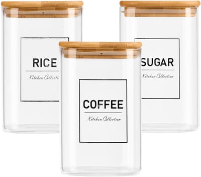 Vivalto Voorraadpot Essentials - 3delig set - keuken - rijst / suiker / koffie - glas - 1,2 L