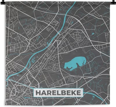 Wandkleed - Wanddoek - Plattegrond – Harelbeke – Blauw – Stadskaart - Kaart - 180x180 cm - Wandtapijt