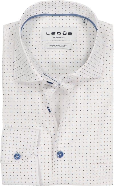 Ledub modern fit overhemd - popeline - wit met blauw - bruin en beige stipjes dessin - Strijkvriendelijk - Boordmaat: 42 (EU maat: L)
