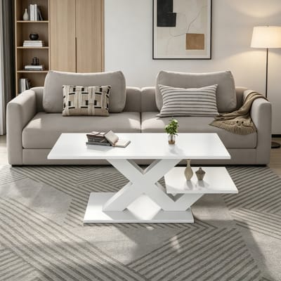 OKWISH Salontafel – Rechthoekig Met Dubbel Tafelblad – Voor Woonkamer Of Slaapkamer – Hoogglans MDF Wit – 100 x 48 x 45 cm