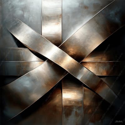 John Joseb Art (Aluminium) 100x100 | Geometrisch abstract, industrieel, metaal, aluminium, staal, kunst | vierkant, zwart, bruin, koper, grijs, zilver, modern | foto-schilderij op dibond, metaal wanddecoratie