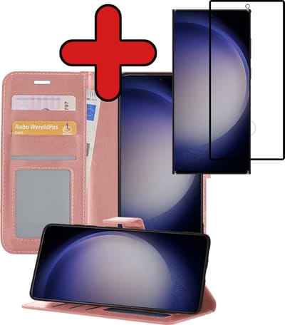 Hoesje - Met Screenprotector - Geschikt voor Samsung Galaxy S23 Ultra - Luxe Pasjeshouder - Flipcase - Bookcase Portemonee - Flip Case - Kunstleer Book Case - Book Cover - Walletcase - Portemonneehoes - Telefoonhoes - Rosé goud