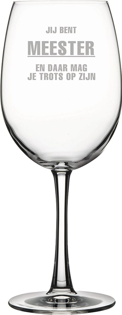 Gegraveerde Rode wijnglas 58cl Jij bent Meester en daar mag je trots op zijn
