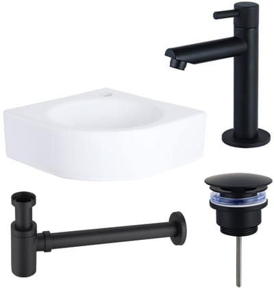 FugaFlow Eccelente Pietra fonteinset - 30x30x10cm - 1 kraangat - hoek - keramiek - fonteinkraan zwart mat - glans wit