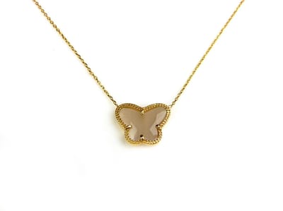 korte zilveren halsketting halssnoer collier geelgoud verguld Model Vlinder met bruine steen