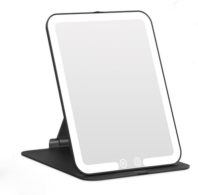 Draagbare Make-up Spiegel met Verlichting, Oplaadbare Vouwspiegel met 3 Lichtkleuren, Ultra Dun Reismodel voor Thuisgebruik en Reizen, Zwart