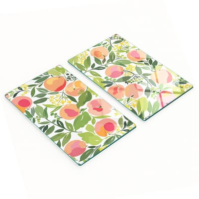Twee decoratieve snijplanken van gehard glas, perzikmotief, 2x30x52 cm