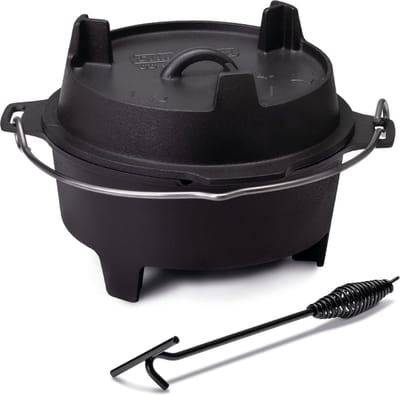 Dutch Oven set ca. 4 liter - stabiel staande vuurpan door speciale T-poten, hittebestendige gietijzeren pan, deksel als pan te gebruiken, DO 4 incl. deksellifter 35cm