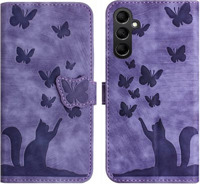 BookCover Etui Hoes voor Samsung Galaxy S24 - S25 Paars - Vlinders en Kat - Reliëf