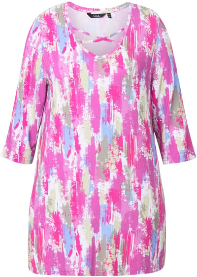 Ulla Popken - Dames - Longshirt A-lijn sierbanden V-hals 3/4-mouwen - Koel roze - Maat 46+