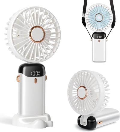 Draagbare Handventilator - 3200mAh 12 Uur - LED Scherm Opvouwbaar - 5 Snelheden Persoonlijke Ventilator - Hand/Nek/Bureau 3-in-1 voor Dames - Wit - 1 Stuk