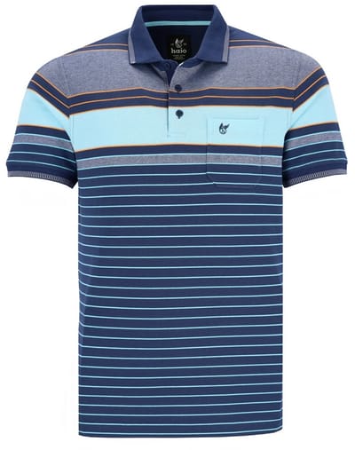 Hajo - Poloshirt Premium - heren- blauw groen gestreept - maat M