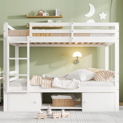 Stapelbed - 90x200 cm - Deelbaar in 2 Bedden - Met Schoenrek en Kastjes - Hout - Wit