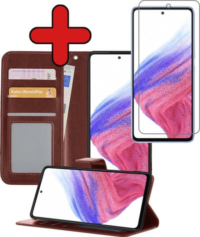 Hoesje - Met Screenprotector - Geschikt voor Samsung Galaxy A53 - Luxe Pasjeshouder - Flipcase - Bookcase Portemonee - Flip Case - Kunstleer Book Case - Book Cover - Walletcase - Portemonneehoes - Telefoonhoes - Bruin