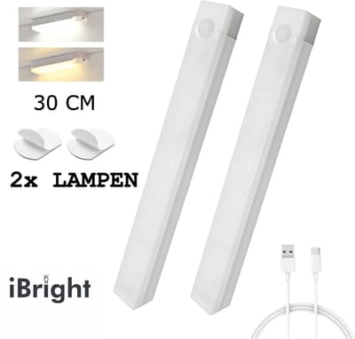 iBright Led Lamp met Bewegingssensor - 30 CM - Set van 2 - Oplaadbaar via USB - Magnetisch & Zelfklevend - Draadloos - USB Oplaadbaar - LED Sensor lamp - Kastverlichting - Keukenverlichting Onderbouw Led- Nachtlampje