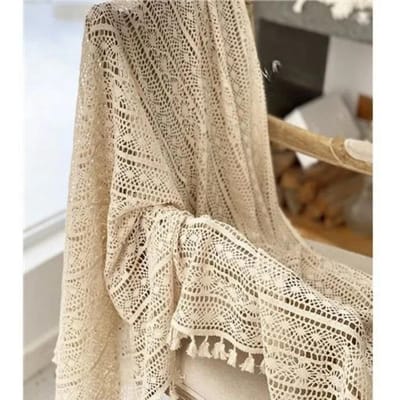 Gebreide Bloemig Patroon Kant Tafelkleed Beige Holle Kwast Ronde Tafelhoes Doek Gebreide Gestreept Huisdecoratie Stofhoes 70x70cm 1pcs
