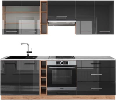 Vicco Fame-Line Complete keukeneenheid – 235 cm, WB Marmer Antraciet hoogglans/goud eiken