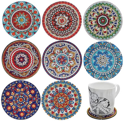 QTTVBTNA Diamond painting onderzetters – 8 stuks – decoratieve drinkonderzetters - DIY ronde acrylic coasters – met ijzeren standaard – inclusief gereedschap – 10cm