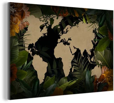 Aluminium schilderij 120x80 cm - Wanddecoratie metaal - Wereldkaart - Planten - Bladeren - Metalen muurdecoratie woonkamer - Decoratie industrieel - Foto op dibond - Industriële accessoires slaapkamer