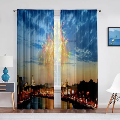 Dromerig Landschap Nachtzicht Vuurwerk Sterrenhemel Tule Gordijnen voor Woonkamer Slaapkamer Decor Chiffon Transparant Voile Raamgordijn 1 PCS W100XH250cm&Grommet Top