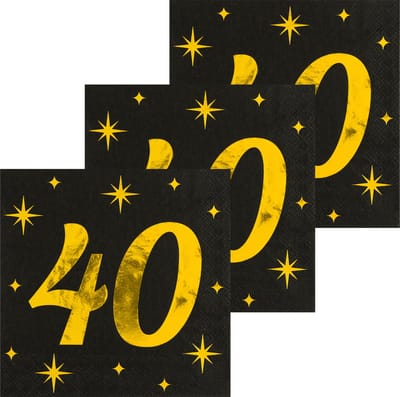 Paperdreams Verjaardag feest servetten - leeftijd 40 jaar - 48x stuks - zwart/goud - sterren - 33 x 33 cm