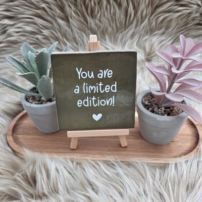Robuust Wenstegeltje – You Are a Limited Edition – Speels – Hip trendy tegeltje – 10x10 cm – Uniek Cadeau voor Vriendin, Juf, Tante, Zus of Collega – Stijlvolle Woondecoratie met Boodschap – Trendy nu – Decoratief Tegeltje met Standaard – Cadeau Idee