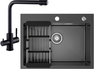 Sofetiy MAX Spoelbak Keuken 60x45cm - Spoelbak Keuken met Kraangat - Spoelbakken Keuken Met 3 Wege Keukenkraan - Spoelbak met Afdruipgedeelte - Antraciet