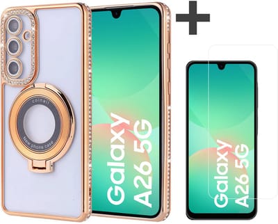 Hoesje met Ringhouder Geschikt voor Samsung Galaxy A26 met Diamant Glitters en Gehard Glas Screenprotector – Arara Backcover - Goud