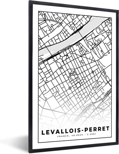 Fotolijst incl. Poster Zwart Wit- Frankrijk - Plattegrond - Levallois-Perret - Stadskaart - Kaart - Zwart wit - 40x60 cm - Posterlijst