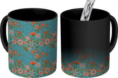 Magische Mok - Foto op Warmte Mokken - Koffiemok - Bohemian - Bloemen - Oranje - Retro - Design - Magic Mok - Beker - 350 ML - Theemok
