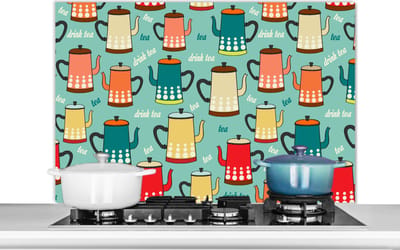 Spatscherm keuken 100x65 cm - Kookplaat achterwand Patronen - Thee - Theepot - Vintage - Muurbeschermer - Spatwand fornuis - Hoogwaardig aluminium