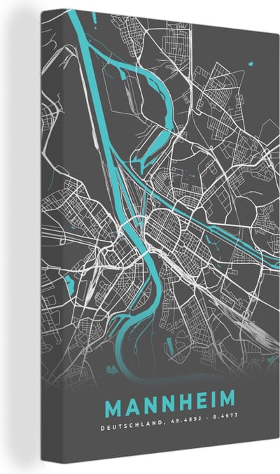 Canvas Schilderij Duitsland – Blauw – Mannheim – Stadskaart – Kaart – Plattegrond - 20x30 cm - Wanddecoratie