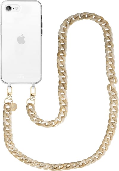 xoxo Wildhearts siliconen hoesje - Geschikt voor iPhone 7/8 Plus - Cream Latte - Telefoonhoesje - Hoesje met koord - Beige koord - lang telefoonkoord - Transparant hoesje (lange variant)