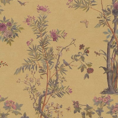 Bloemen behang Profhome 790432-GU vliesbehang hardvinyl warmdruk in reliëf licht gestructureerd met bloemmotief en metallic effect goud olijfgroen bruin roze 5,33 m2