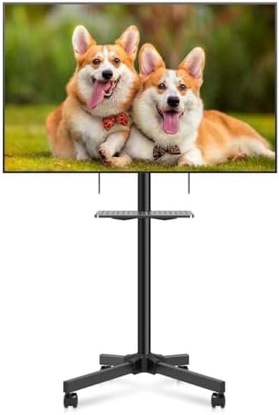 PromoHome Mobiele tv-standaard op wielen, draagbare tv-trolley met plank voor 21-60 inch platte gebogen paneeltv's tot 35 kg, in hoogte verstelbare hoge rollende tv-standaard op wielen, Max VESA 400 x
