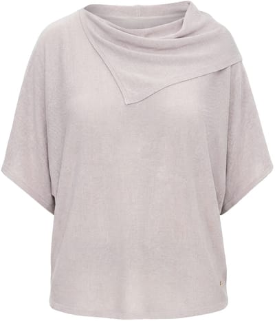 Ulla Popken - Dames - Trui kruissteek oversized opstaande kraag korte mouw - Grijsbeige - Maat 58+