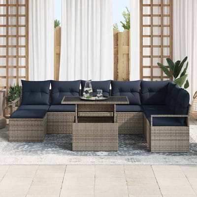 vidaXL - Tuinbank - Set - 9 - st - Grijs - en - Marineblauw - poly - rattan