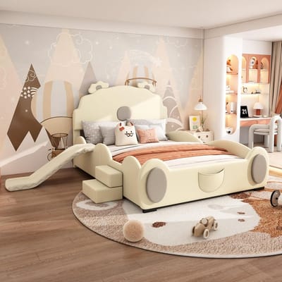 Kinderbed met Glijbaan en Ladder Multifunctioneel 140 x 200 cm Beige