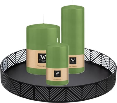 Wiedemann Cilinderkaarsen - stompkaarsen set - op zwart dienblad van metaal - 3x stuks - groen - 6 x 12 - 10x15 - 7x20 cm