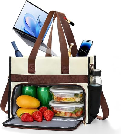 Geïsoleerde 2-in-1 dameshandtas met koelvak en computertas, waterdichte lunchtas voor werk, kantoor en reizen, geschikt voor 15,6 inch laptops en boodschappen