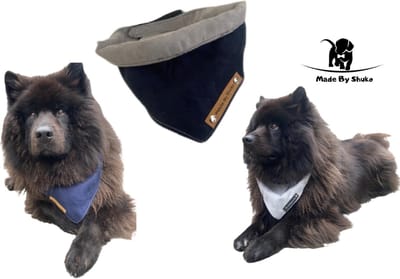 Bandana voor honden. Maat XL in de kleuren donkerblauw en lichtgrijs. Dubbelzijdig te dragen. Halssjaal. Halsdoek. Honden fashion. Hondenkleding. Mode accessoires voor huisdieren. MadeByShuko.