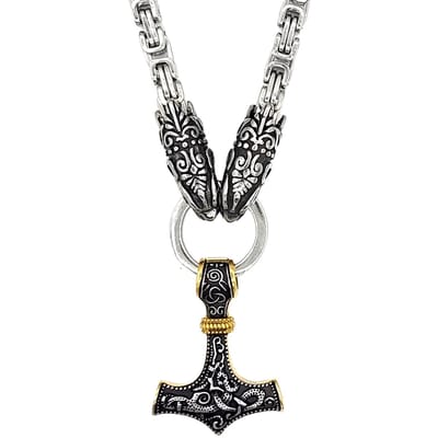 Tesoro Mio Michel – Viking Ketting – Slangen En Thor’s Hamer Mjolnir – Edelstaal in kleur Zilver & Goud - L 70 cm