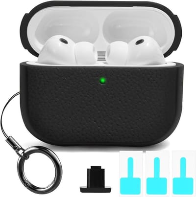 Beschermhoes voor Airpods Pro 3 (2025) - TPU Schokbestendig, Leerlook, Sleutelhanger, Draadloos Opladen, LED Indicator - Zwart